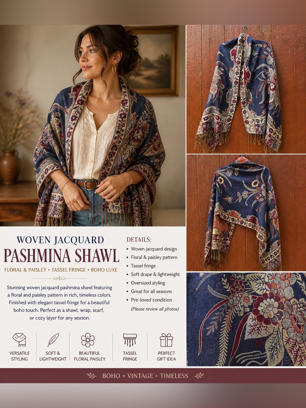 Vintage Woven Jacquard Pashmina Shawl Wrap Floral Paisley Tassel Scarf Boho Luxe